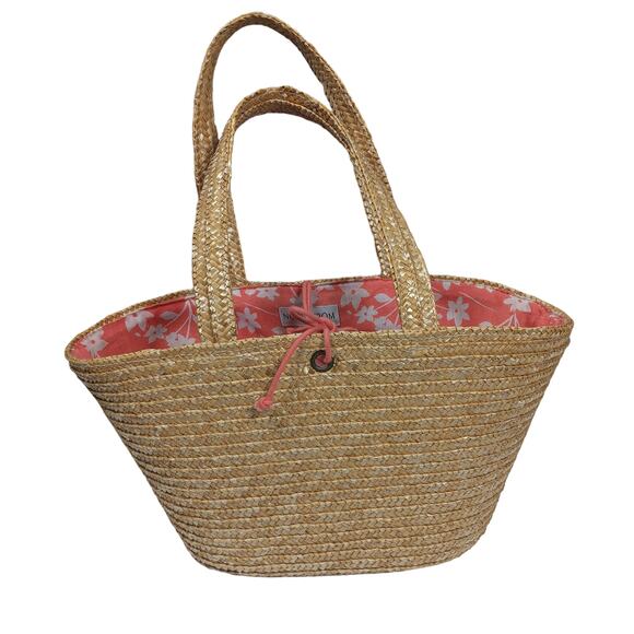 Nordstrom Straw Bag Orange Floral Lining Tie Closure One Patch Pocket Inside - Picture 1 of 6